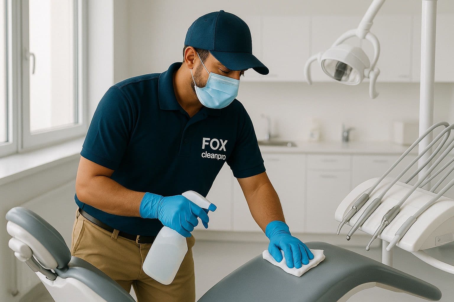 Professional cleaner working in office space